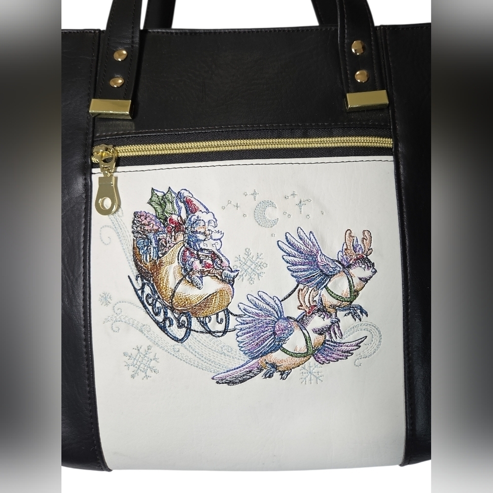 Whimsical Embroidered Christmase Tote Chickadees, Clogs & Sleigh Faux Leather - Picture 2 of 16